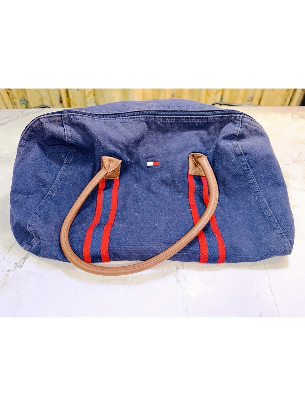 Tommy Hilfiger Navy Canvas Weekender Duffel Bag Red Stripe Brown Handles Travel